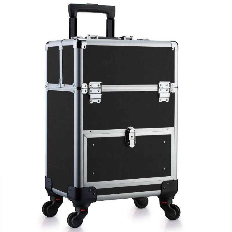Professional Cosmetic Train Case Aluminum Portable Makeup Storage Case Box with Folding Trays and Universal Wheels Black
Professional Cosmetic Train Case Aluminum Portable Makeup Storage Case Box with Folding Trays and Universal Wheels Black