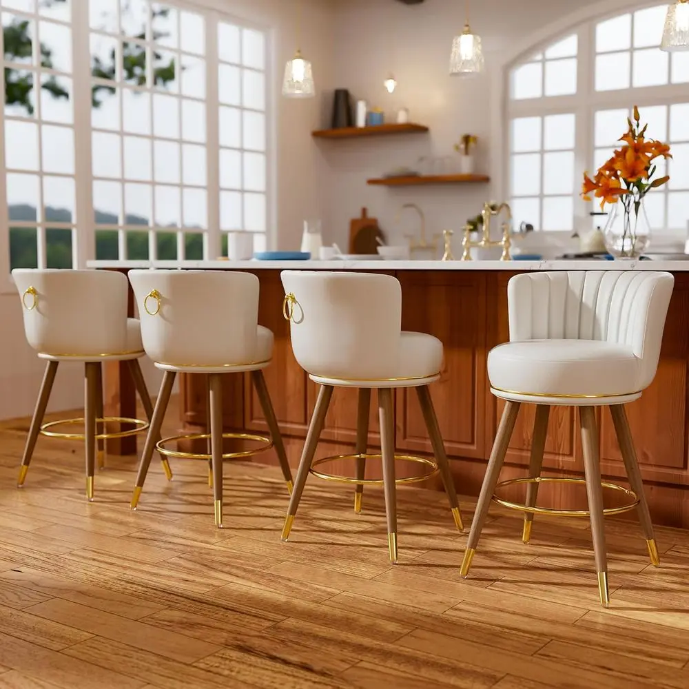 Set of 4, 26 Swivel Upholstered Bar Stools with Backs, White Leather Kitchen Stools, Wood Legs, and Footrests
Set of 4, 26 Swivel Upholstered Bar Stools with Backs, White Leather Kitchen Stools, Wood Legs, and Footrests