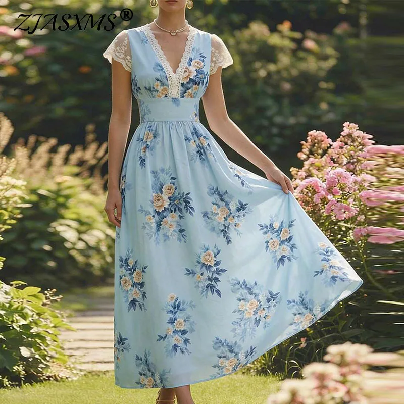 New Summer Sweet Floral Printed A-Line Dress Elegant Women Lace V-Neck Short Sleeve Long Dress Fashion Fluttering Bohemian Dress
New Summer Sweet Floral Printed A-Line Dress Elegant Women Lace V-Neck Short Sleeve Long Dress Fashion Fluttering Bohemian Dress