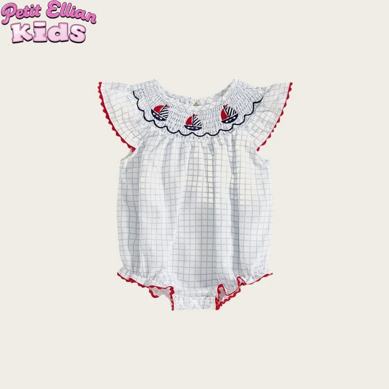 Baby Girls’ Cotton Flounce Sleeves Checkered Triangle Romper with Sailboat Embroidery for 0 - 2 Y Adorable Newborn Baby Clothing
Baby Girls’ Cotton Flounce Sleeves Checkered Triangle Romper with Sailboat Embroidery for 0 - 2 Y Adorable Newborn Baby Clothing