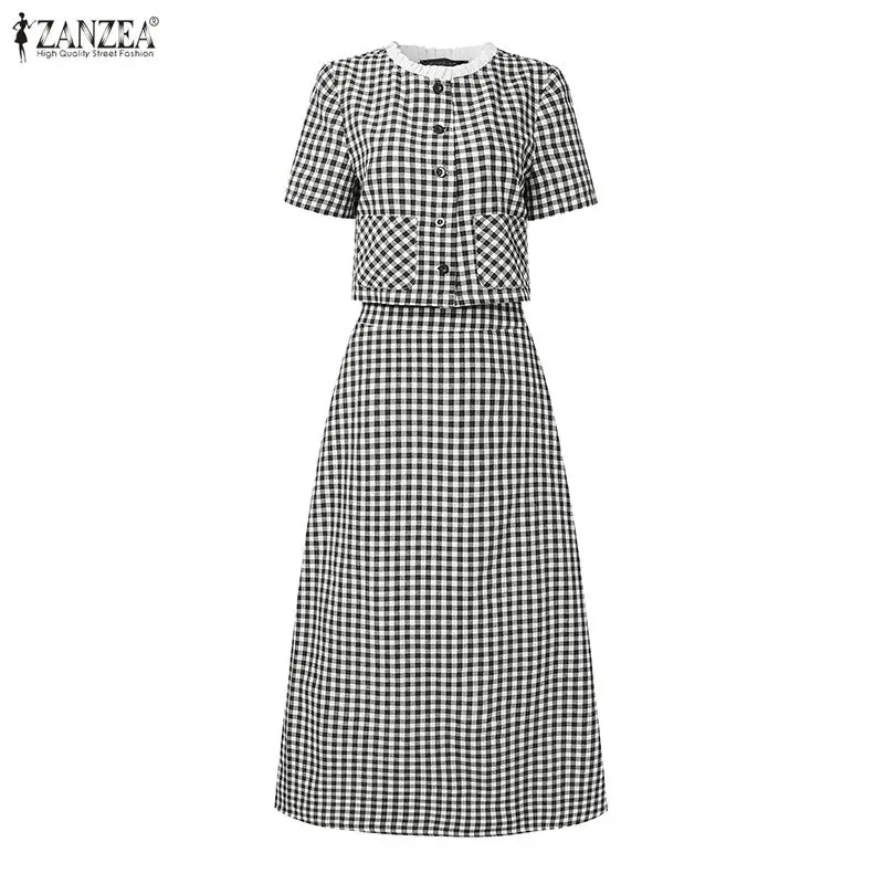 ZANZEA 2026 Женский комплект в клетку: модные рубашки с коротким рукавом и длинные юбки, повседневный элегантный офисный и уличный стиль, летние наряды
ZANZEA 2026 Женский комплект в клетку: модные рубашки с коротким рукавом и длинные юбки, повседневный элегантный офисный и уличный стиль, летние наряды
