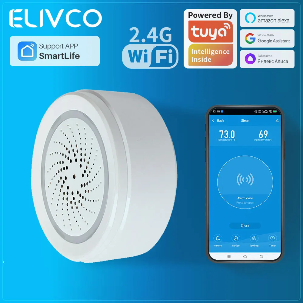Умная сирена-сигнализация Tuya WiFi с датчиком температуры и влажности, звуковой и световой сигнализацией, совместима с Alexa и Google Home.
Умная сирена-сигнализация Tuya WiFi с датчиком температуры и влажности, звуковой и световой сигнализацией, совместима с Alexa и Google Home.