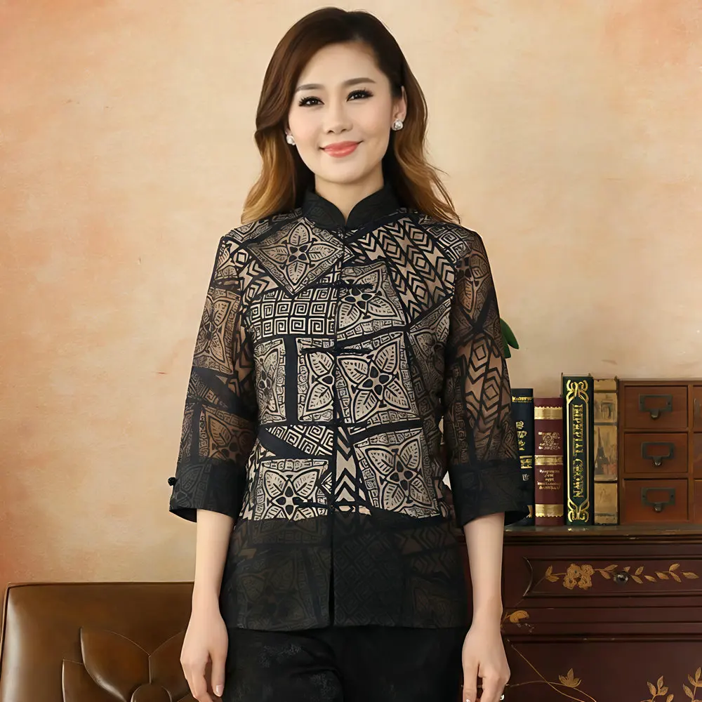 Women Vintage Shirt Green Black Translucent Qipao Style Tunic Tops Traditional Clothes For Ladies Wear 2025 Spring Summer 
Women Vintage Shirt Green Black Translucent Qipao Style Tunic Tops Traditional Clothes For Ladies Wear 2025 Spring Summer