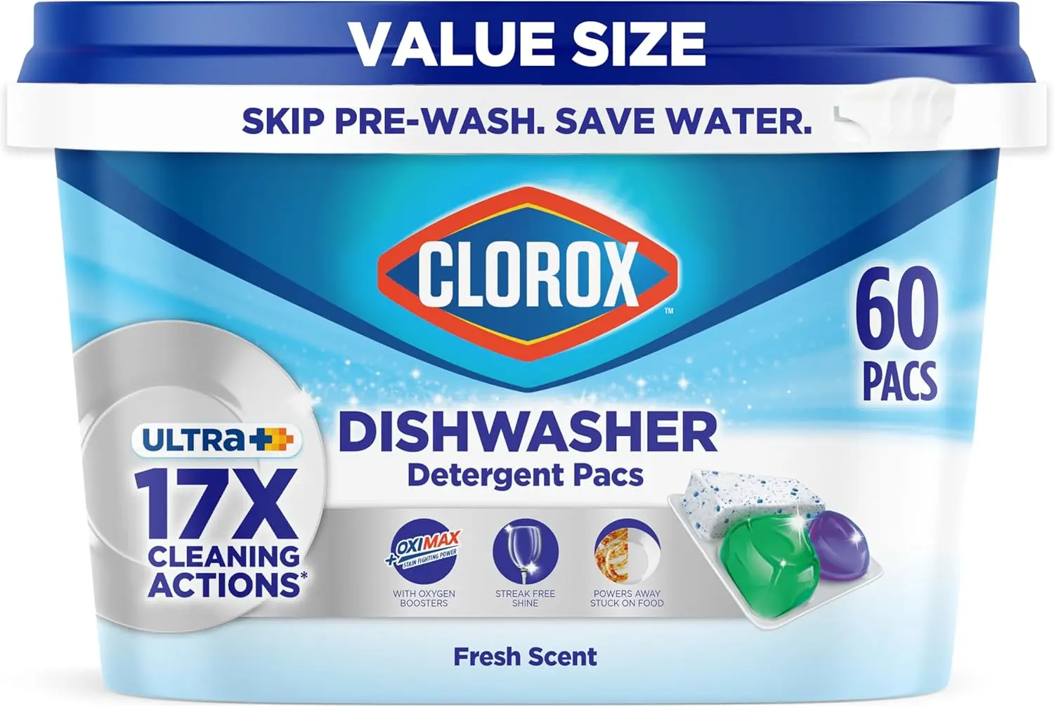 60 Pack Dishwasher Detergent Pods, Ultra Stain Fighting, No Prewash Needed, Removes Burnt-on Food, Fresh Scent
60 Pack Dishwasher Detergent Pods, Ultra Stain Fighting, No Prewash Needed, Removes Burnt-on Food, Fresh Scent
