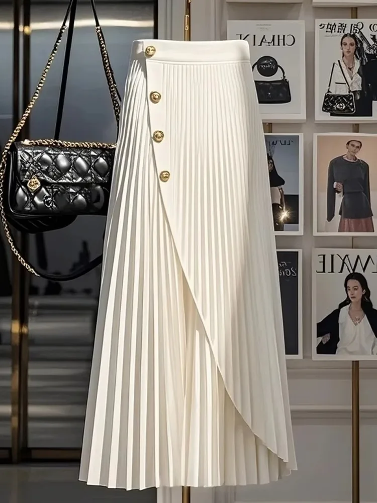 Frence Women Fashion Pleated Long Skirts One Piece Asymmetric Golden Buckle White Full Skirt Spring Summer Office Lady Elegance
Frence Women Fashion Pleated Long Skirts One Piece Asymmetric Golden Buckle White Full Skirt Spring Summer Office Lady Elegance