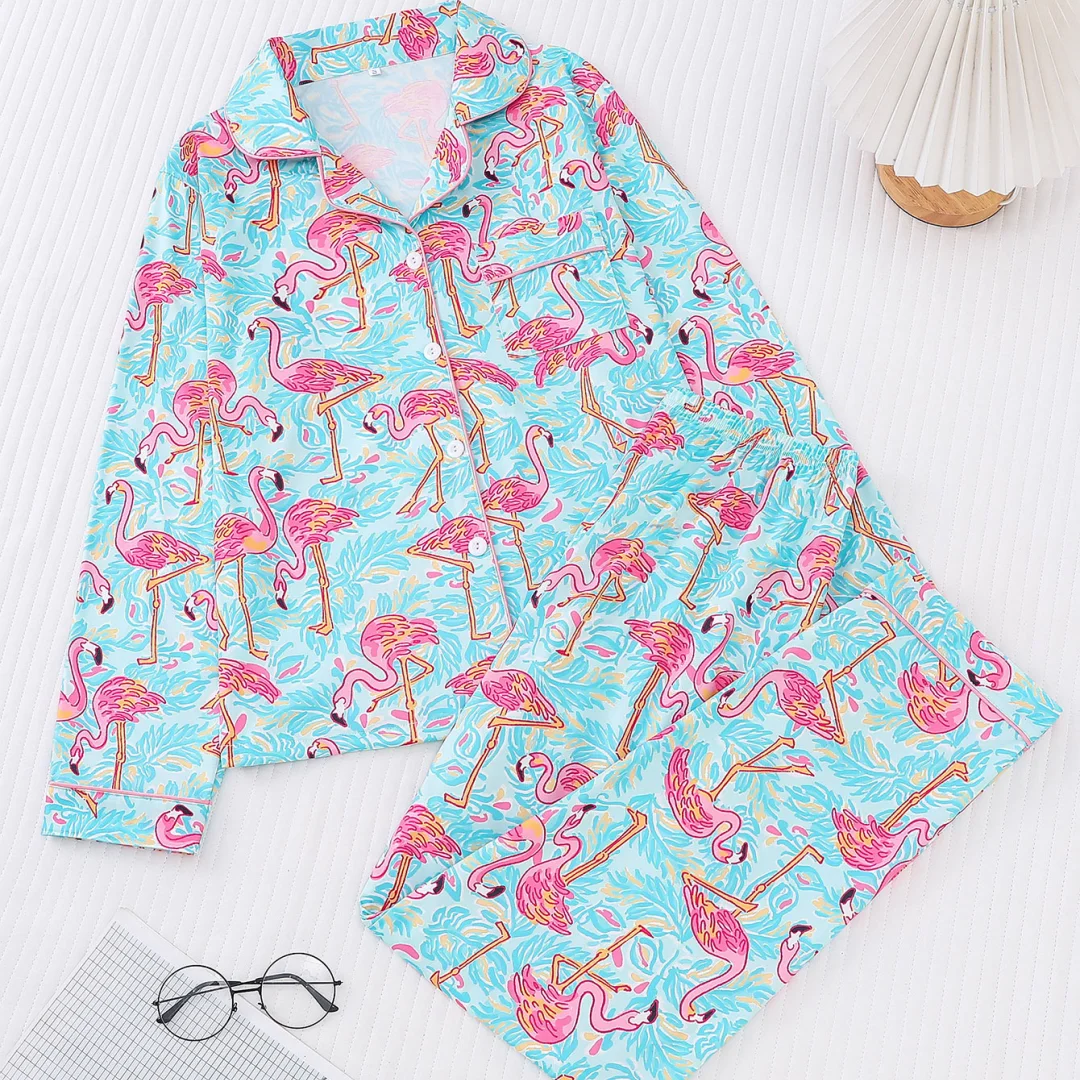 Women Animal Themed Pajama Set with Flamingo Print Print Lapel Long-sleeved and Long Pants Loungewear Home Wear Sleepwear Gifts
Women Animal Themed Pajama Set with Flamingo Print Print Lapel Long-sleeved and Long Pants Loungewear Home Wear Sleepwear Gifts