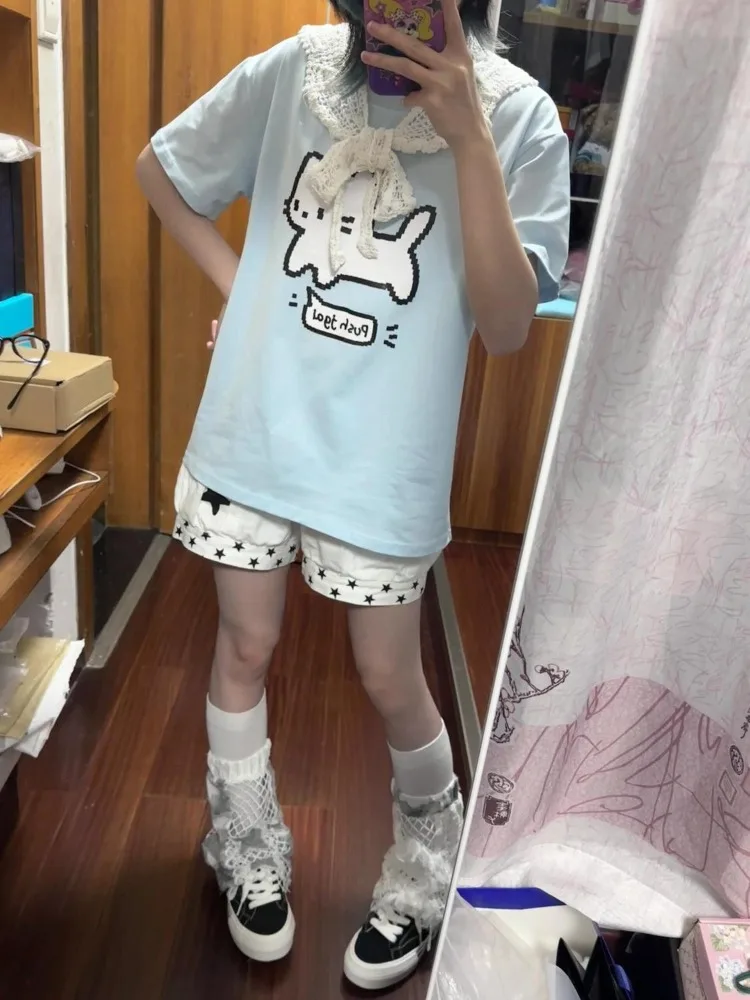 HOUZHOU Harajuku Kawaii Women Blue T-shirts Cat Printed Short Sleeve Shirts Oversized Japanese Style Juminocore Cotton T-shirts
HOUZHOU Harajuku Kawaii Women Blue T-shirts Cat Printed Short Sleeve Shirts Oversized Japanese Style Juminocore Cotton T-shirts