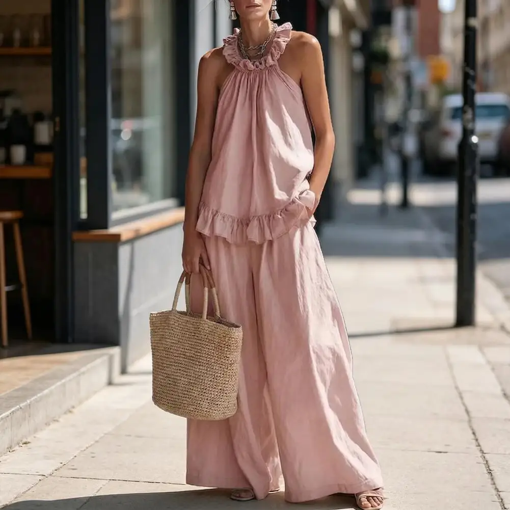 2 Piece Sets for Women Ruffle Halter Sleeveless Top And Wide Leg Pants Matching Sets Summer Vacation Lounge Outfits with Pockets
2 Piece Sets for Women Ruffle Halter Sleeveless Top And Wide Leg Pants Matching Sets Summer Vacation Lounge Outfits with Pockets
