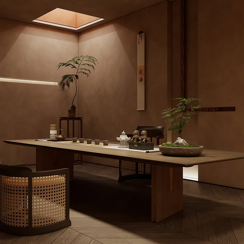New Chinese solid wood large board tea table and chair combination modern long calligraphy desk living room log tea table
New Chinese solid wood large board tea table and chair combination modern long calligraphy desk living room log tea table
