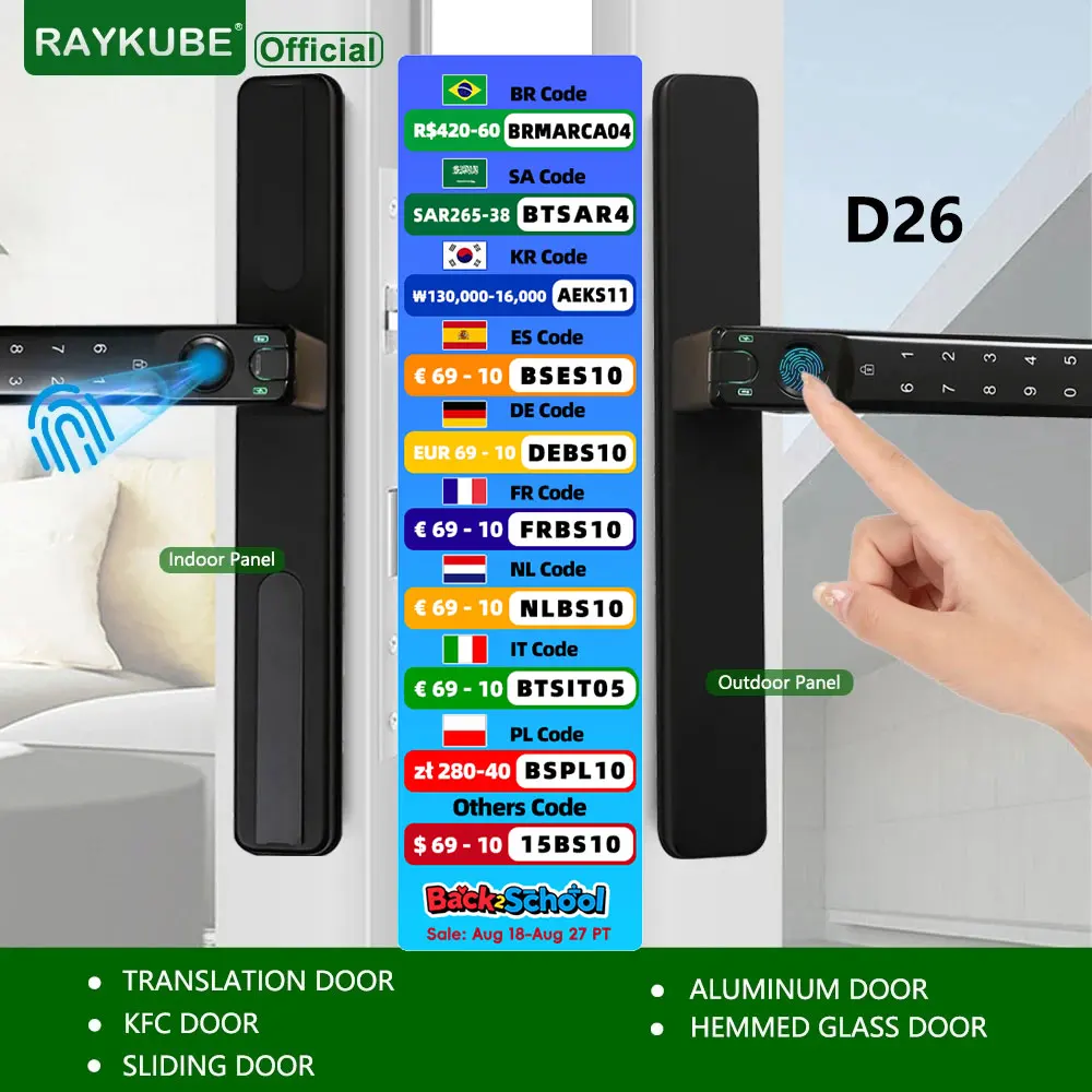 RAYKUBE D26 TT, двухсторонний смарт-замок со сканером отпечатков пальцев, с двухсторонним паролем, двухсторонним ключом APP для KFC/раздвижных дверей
RAYKUBE D26 TT, двухсторонний смарт-замок со сканером отпечатков пальцев, с двухсторонним паролем, двухсторонним ключом APP для KFC/раздвижных дверей