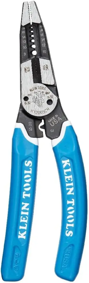 Wire Stripper Cutter Crimper Tool, 8-18 AWG Solid 10-20 AWG Stranded, Klein Tools K12065CR, Made in USA, Comfort Grip
Wire Stripper Cutter Crimper Tool, 8-18 AWG Solid 10-20 AWG Stranded, Klein Tools K12065CR, Made in USA, Comfort Grip