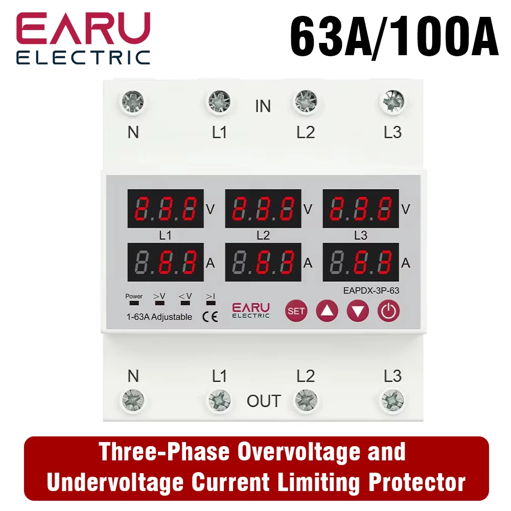 Three Phase Adjustable Over and Under Voltage Protector Relay With Current Protection 63A 100A with Automatic Reset Function
Three Phase Adjustable Over and Under Voltage Protector Relay With Current Protection 63A 100A with Automatic Reset Function