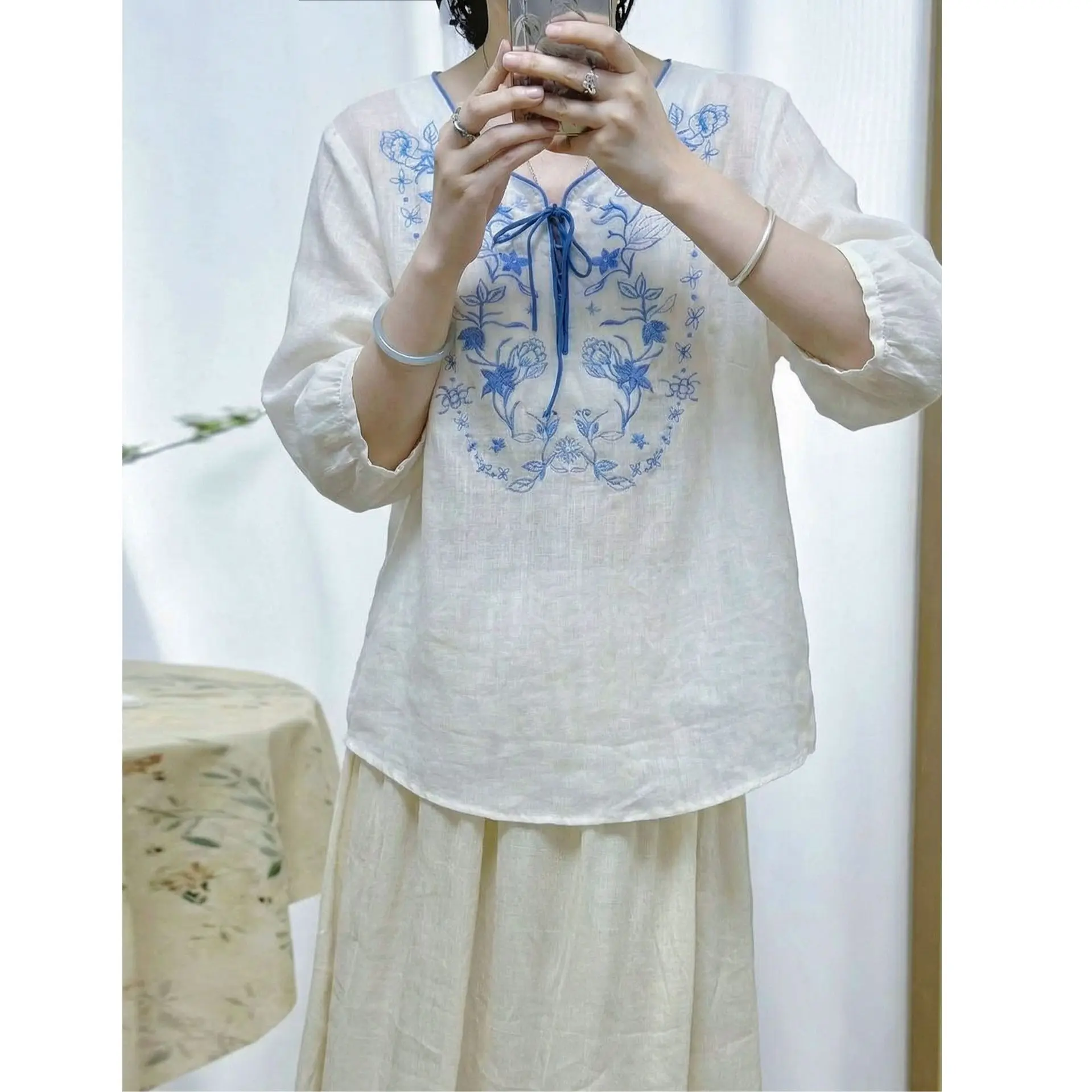 Korean Style plus Size Women's Cotton Linen T-Shirt V-Neck Belted 3/4 Sleeve Base Shirt Summer New Arrival Artistic Commute S...
Korean Style plus Size Women's Cotton Linen T-Shirt V-Neck Belted 3/4 Sleeve Base Shirt Summer New Arrival Artistic Commute S...