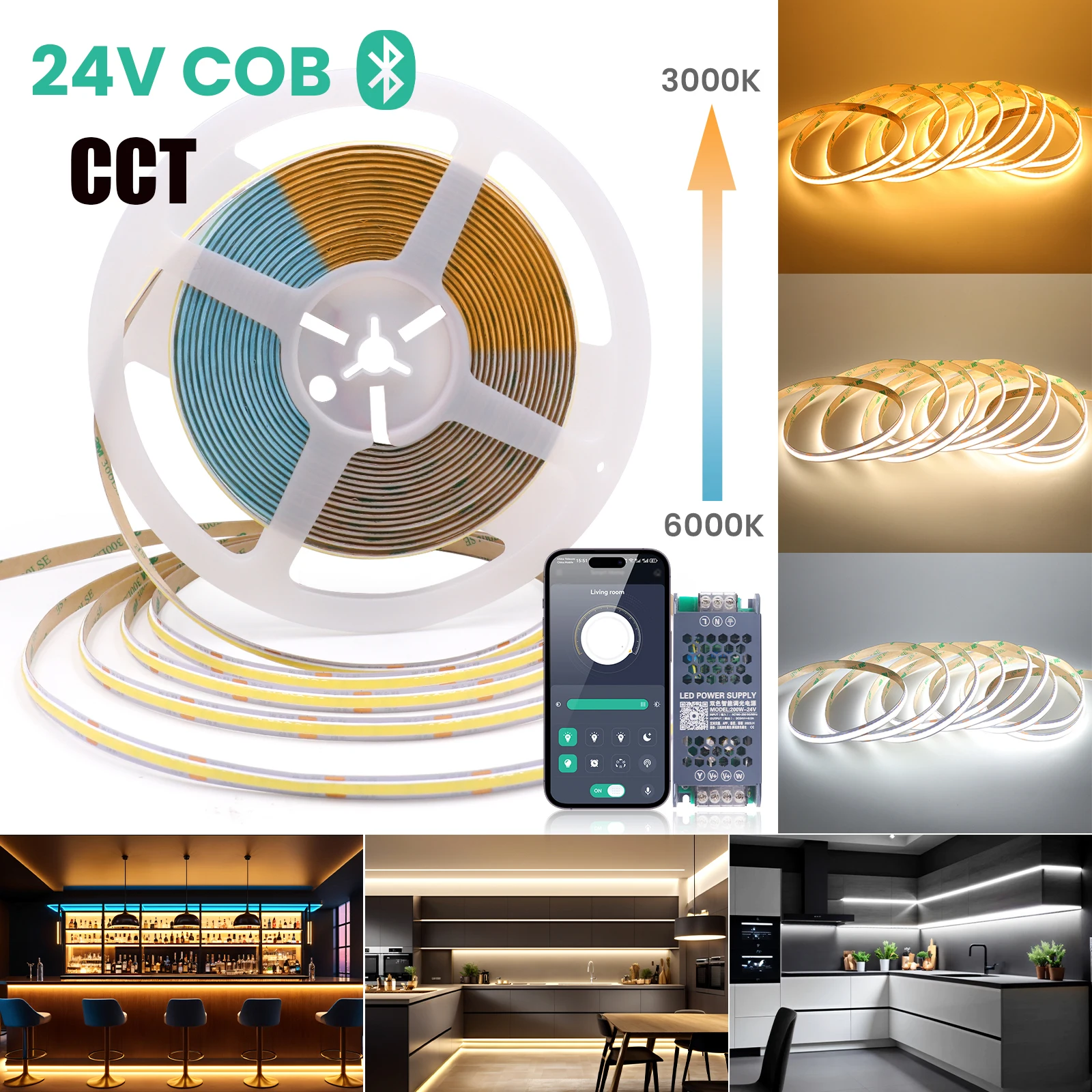 DC 24V CCT COB LED Strip Kit 576LEDs/M Bluetooth Dimmerable IP20 High Bright Warm White + Cold White Flexible Ribbon Tape Light
DC 24V CCT COB LED Strip Kit 576LEDs/M Bluetooth Dimmerable IP20 High Bright Warm White + Cold White Flexible Ribbon Tape Light