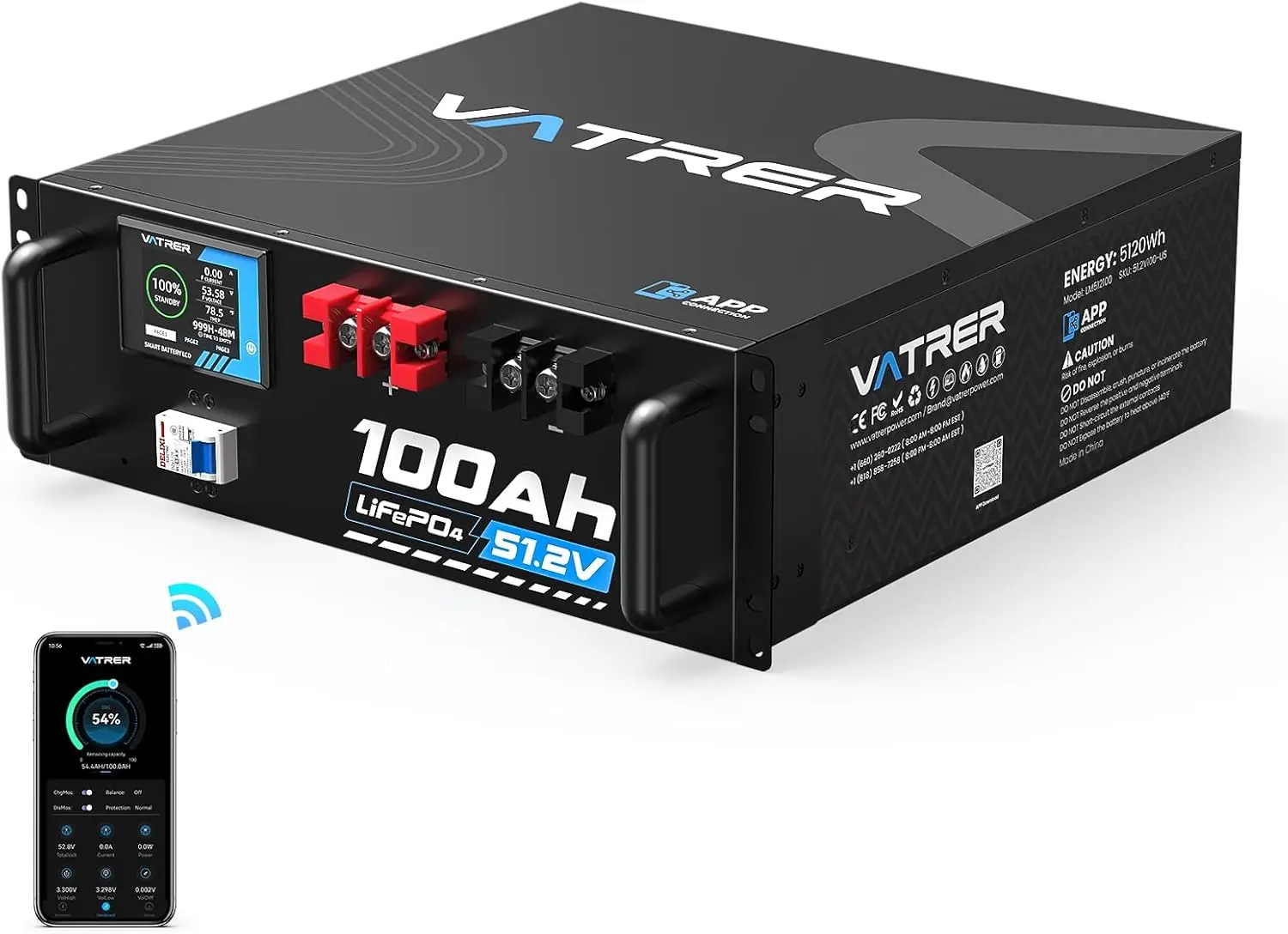 VATRER POWER 48V 100AH Lithium LiFePO4 Battery, Built-in 100A BMS, with Touchable Smart Display & Mobile APP, Max. 4800W Power
VATRER POWER 48V 100AH Lithium LiFePO4 Battery, Built-in 100A BMS, with Touchable Smart Display & Mobile APP, Max. 4800W Power