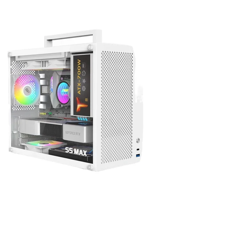 S5MAX white mini handle desktop computer small chassis matx main board DIY side through the main box
S5MAX white mini handle desktop computer small chassis matx main board DIY side through the main box