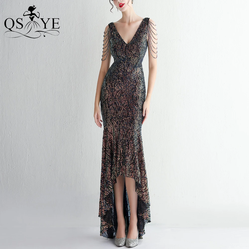 Colorful Black Sequin Prom Dresses Stretch Pattern Lace Beading Straps V Neck Evening Gown Short Front Fit Mermaid Party Dress
Colorful Black Sequin Prom Dresses Stretch Pattern Lace Beading Straps V Neck Evening Gown Short Front Fit Mermaid Party Dress