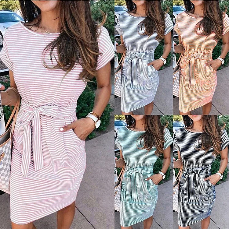 Round Neck Short Sleeve Striped Dress Women Summer Casual Belted Dresses Jumpsuit Playsuit
Round Neck Short Sleeve Striped Dress Women Summer Casual Belted Dresses Jumpsuit Playsuit