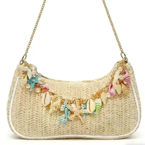 Bohemian Summer Straw Shoulder Bag with Ocean Shell, Starfish & Seahorse Charms, Perfect for Beach Vacation & Tropical Getaways