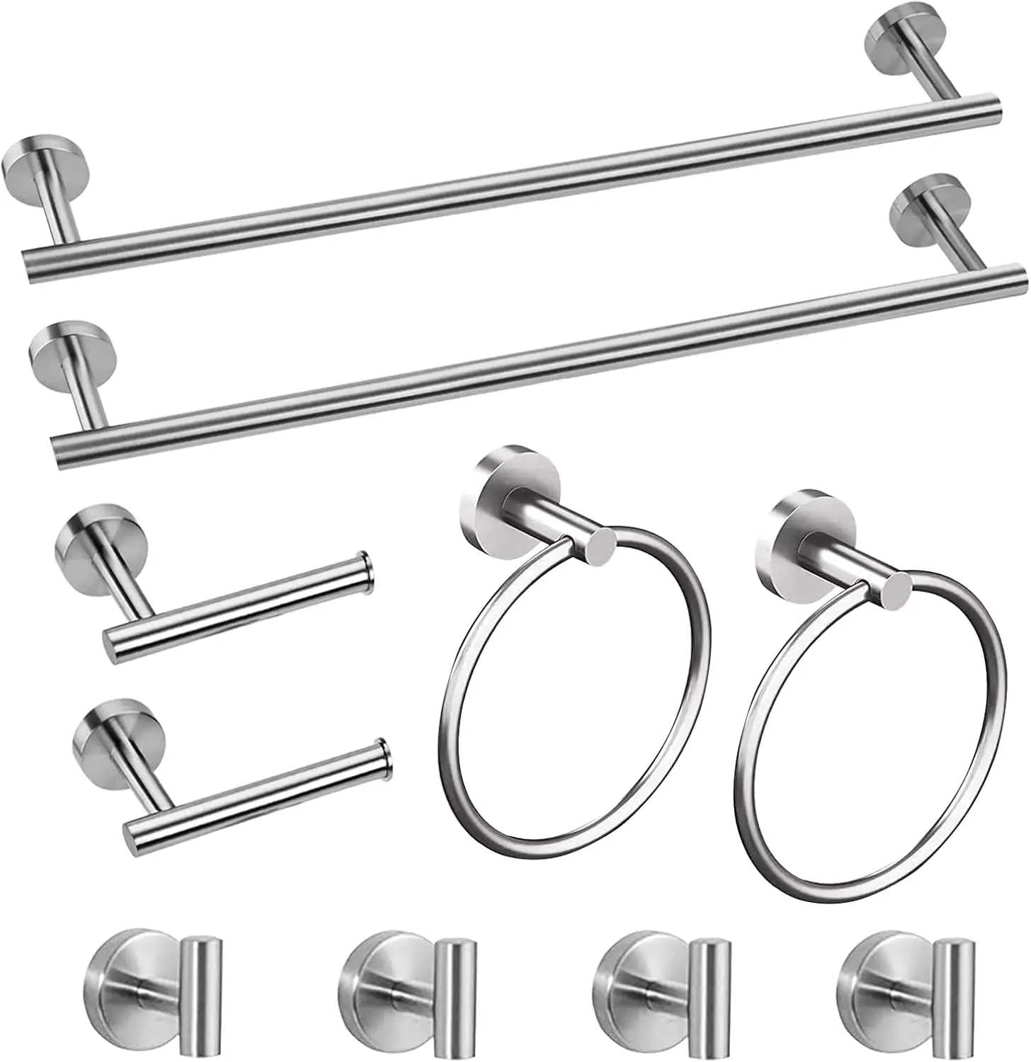 10-Piece Brushed Nickel Bathroom Accessories Set with 24-Inch Towel Bar, Toilet Paper Holder, and Robe Hook
10-Piece Brushed Nickel Bathroom Accessories Set with 24-Inch Towel Bar, Toilet Paper Holder, and Robe Hook
