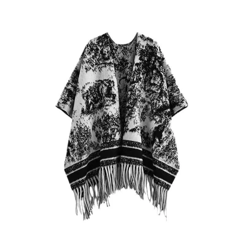 A black and white ink-wash shawl cape for women, paired with a high-end Korean-style, versatile and thick warm scarf
A black and white ink-wash shawl cape for women, paired with a high-end Korean-style, versatile and thick warm scarf