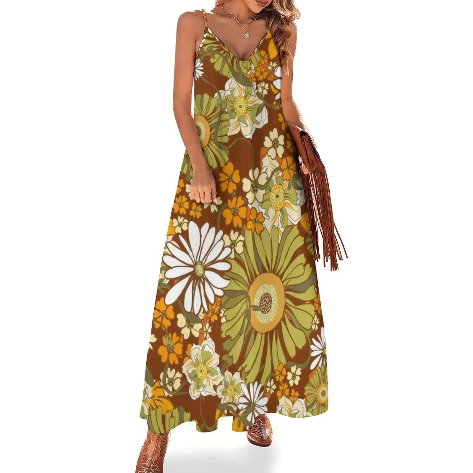 70s Retro Vintage Flower Power pattern boho, orange, brown, Sleeveless Dress Long dress Women's long dress
70s Retro Vintage Flower Power pattern boho, orange, brown, Sleeveless Dress Long dress Women's long dress