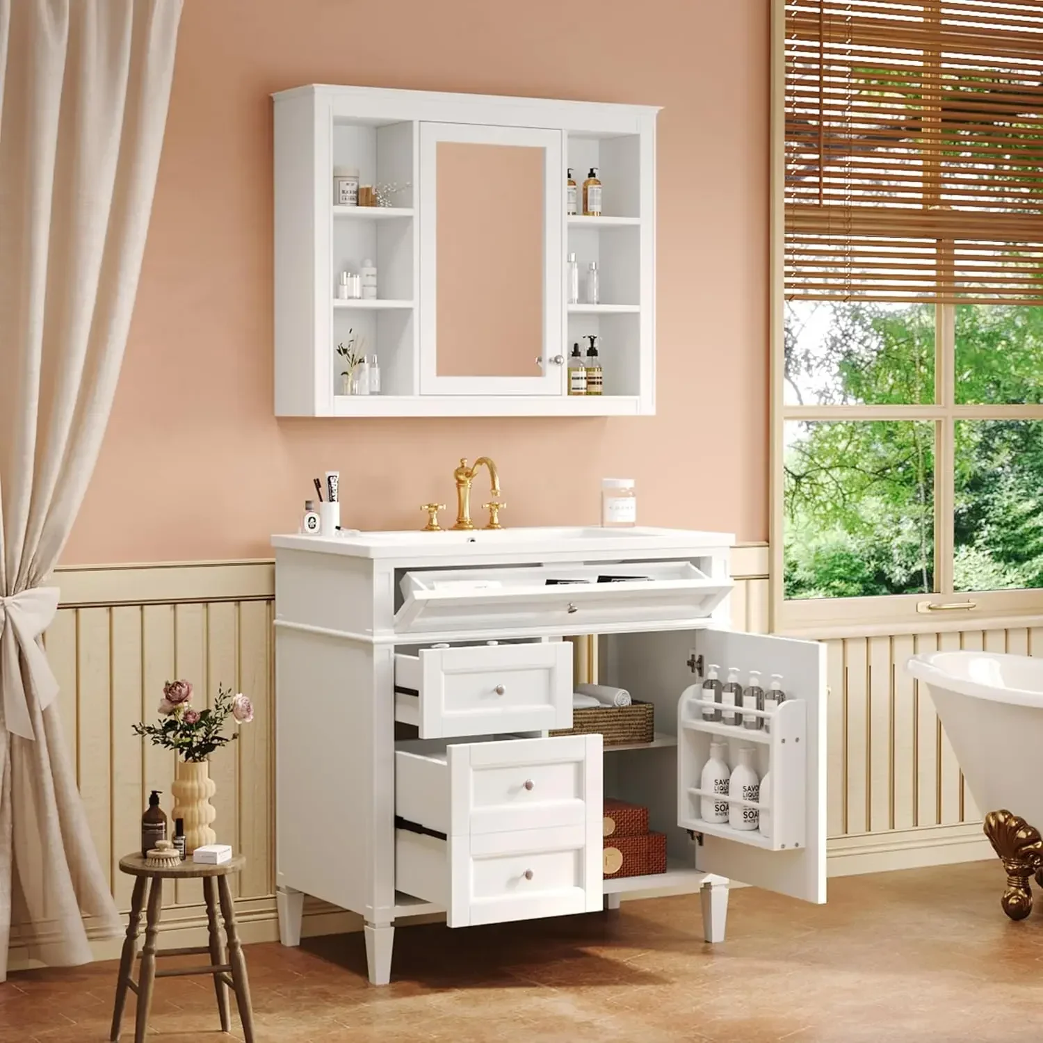 36" Bathroom Vanity Set with Mirror Cabinet Single Sink Storage, Customized
36" Bathroom Vanity Set with Mirror Cabinet Single Sink Storage, Customized
