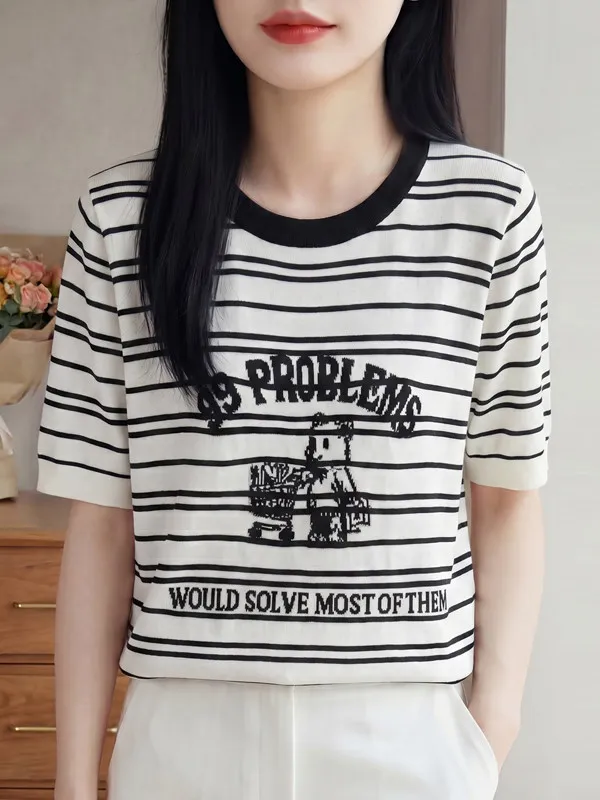 Cute Cartoon Print round Neck Knitted Short Sleeve Women's Summer New Style Korean Loose Striped Letter T-Shirt Casual Loose Fit
Cute Cartoon Print round Neck Knitted Short Sleeve Women's Summer New Style Korean Loose Striped Letter T-Shirt Casual Loose Fit
