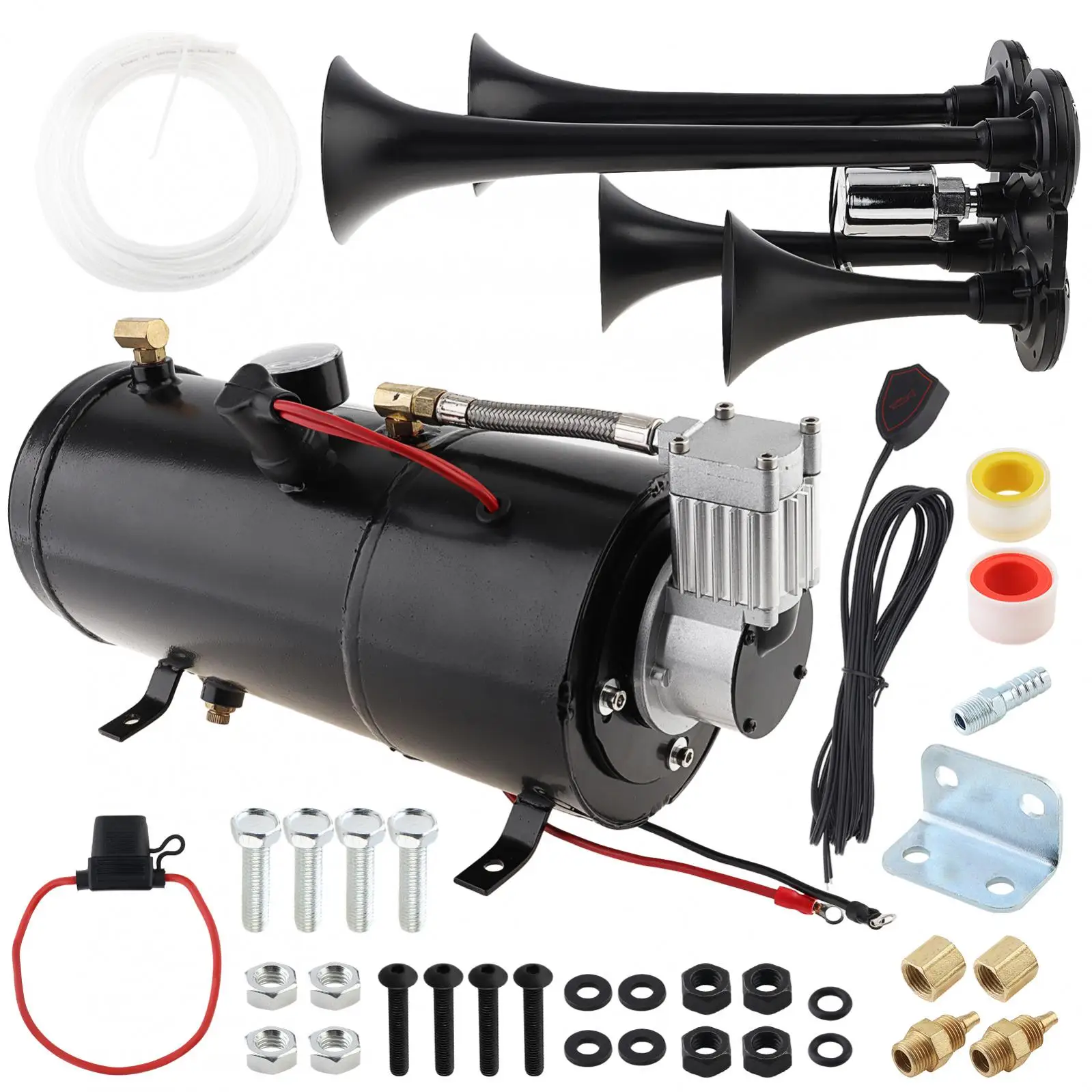 12V 185db 4 Trumpet Train Horns Kit Musical Sound Air Horn with 150 PSI 3L Air Compressor Air Horn Compressor Tank
12V 185db 4 Trumpet Train Horns Kit Musical Sound Air Horn with 150 PSI 3L Air Compressor Air Horn Compressor Tank