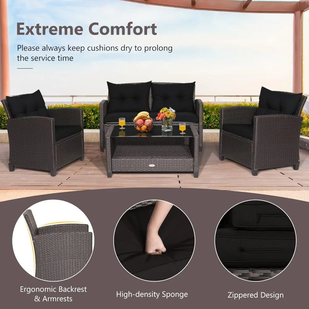 4-Piece Patio Furniture Set, Rattan Wicker Chair Set with 1 Loveseat, 2 Single Sofas, 1 Coffee Table with Tempered, Customized
4-Piece Patio Furniture Set, Rattan Wicker Chair Set with 1 Loveseat, 2 Single Sofas, 1 Coffee Table with Tempered, Customized