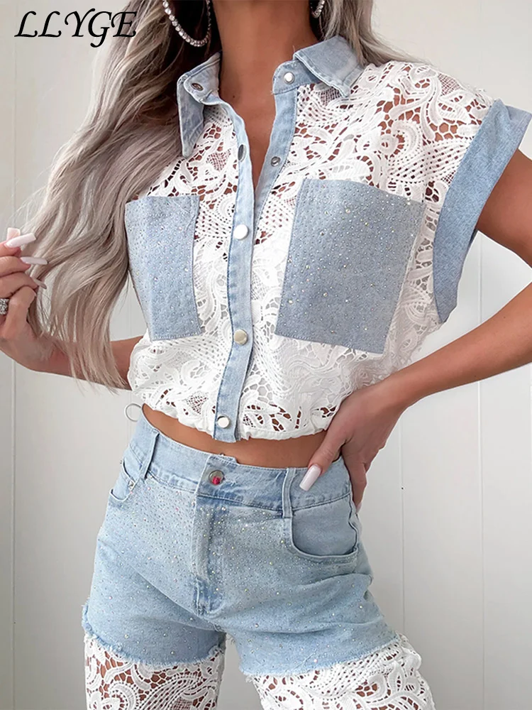 Sexy Denim Lace Spliced Rhinestone Pants Set Women Hollow Out Lapel Flying Sleeve Cropped Shirt Wide Leg Pant 2025 Lady Outfits
Sexy Denim Lace Spliced Rhinestone Pants Set Women Hollow Out Lapel Flying Sleeve Cropped Shirt Wide Leg Pant 2025 Lady Outfits