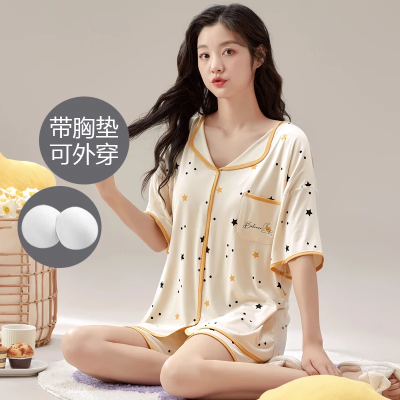 2Pcs/Set Short Sleeves Sleeping Top with Bra Pad Shorts Loungewear for Women Summer Modal Soft Cool Sleepwear Femme
2Pcs/Set Short Sleeves Sleeping Top with Bra Pad Shorts Loungewear for Women Summer Modal Soft Cool Sleepwear Femme