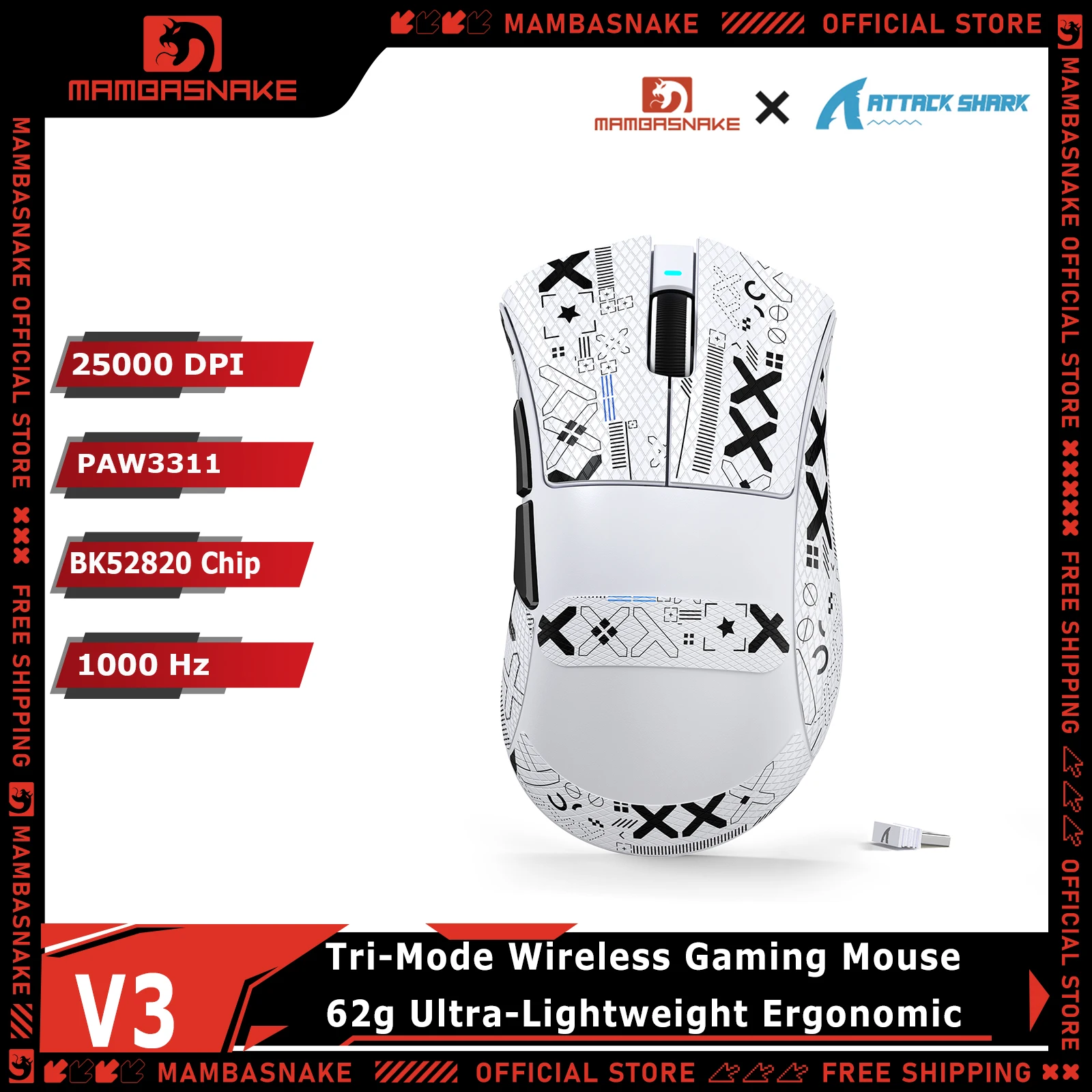 ATTACK SHARK V3 Tri-Mode Wireless Gaming Mouse 25000 DPI PAW3311 Sensor 62g Ultra-Light RGB Backlit for Laptop PC
ATTACK SHARK V3 Tri-Mode Wireless Gaming Mouse 25000 DPI PAW3311 Sensor 62g Ultra-Light RGB Backlit for Laptop PC