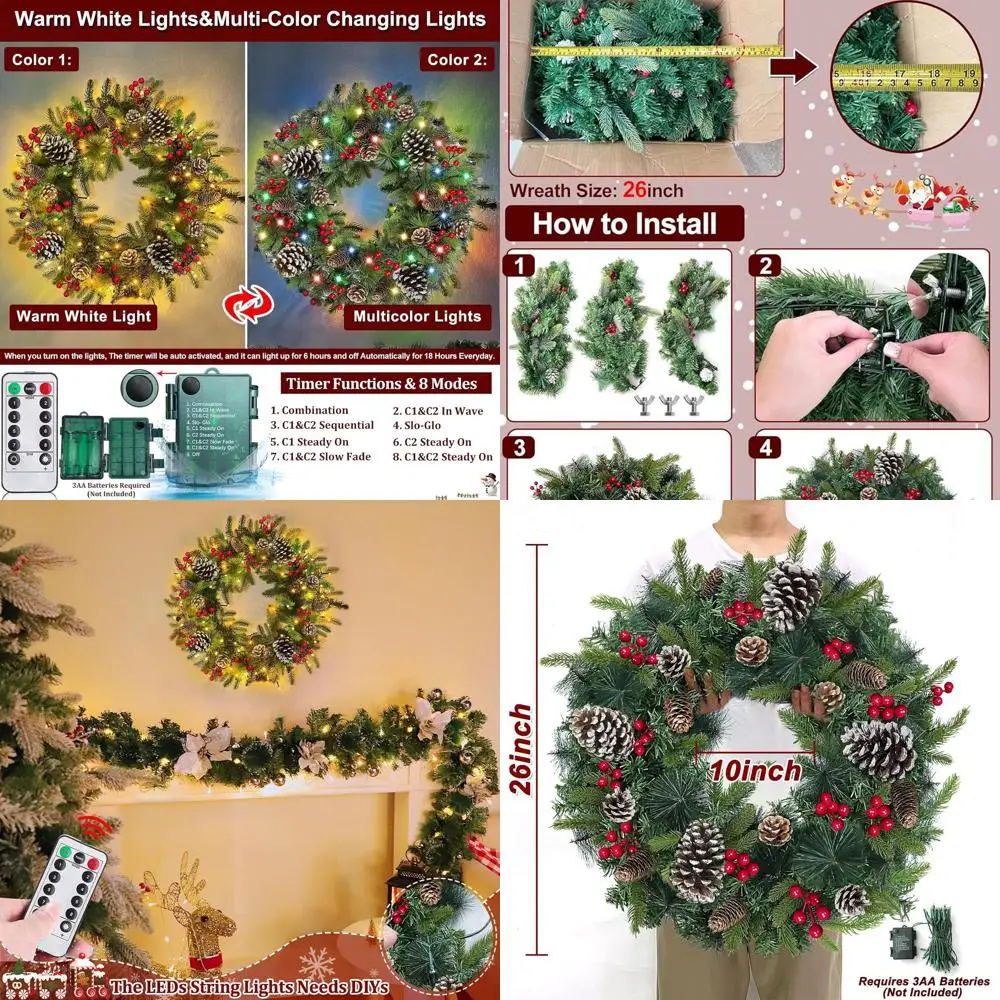 Рождественский венок больших размеров с предварительной подсветкой и 80 светодиодами, 8 режимов, 268 ветвей, 8 шишек, 40 ягод, таймер для O
Рождественский венок больших размеров с предварительной подсветкой и 80 светодиодами, 8 режимов, 268 ветвей, 8 шишек, 40 ягод, таймер для O