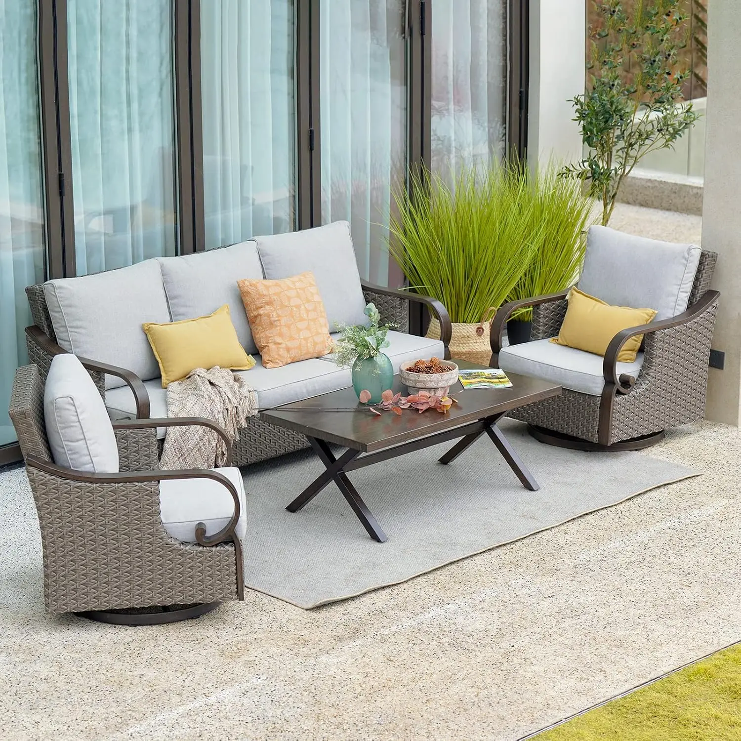 4pc Outdoor Furniture Set Rocking Swivel Chairs Coffee Table Wicker Woodgrain Frame Dark Brown, Customized