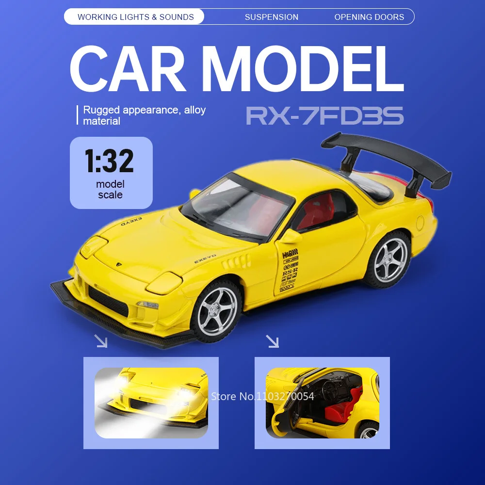Миниатюрная модель автомобиля 1:32 RX-7 FD3S MX-5, литая из сплава, с функцией поворота передних колес, звуком и светом, откатным механизмом, подарок для детей
Миниатюрная модель автомобиля 1:32 RX-7 FD3S MX-5, литая из сплава, с функцией поворота передних колес, звуком и светом, откатным механизмом, подарок для детей