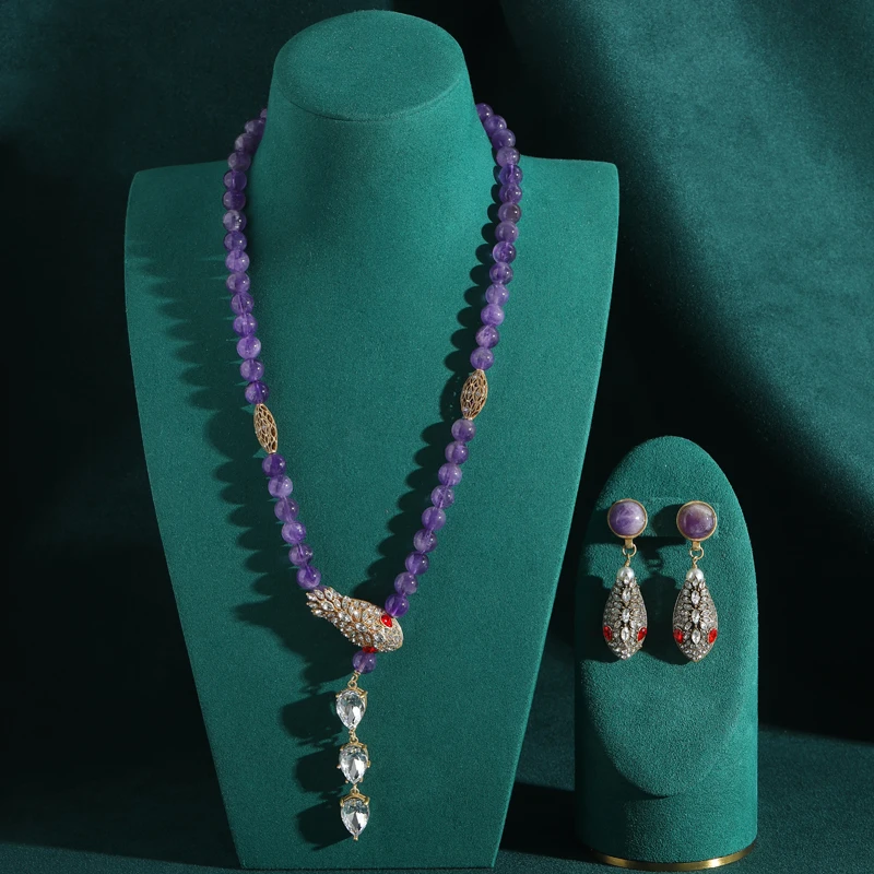 Vintage Purple Natural Stone Jewelry Set Beaded Snake Head Crystal Pendant Necklace Earrings Woman Designer Luxury Retro Gift
Vintage Purple Natural Stone Jewelry Set Beaded Snake Head Crystal Pendant Necklace Earrings Woman Designer Luxury Retro Gift