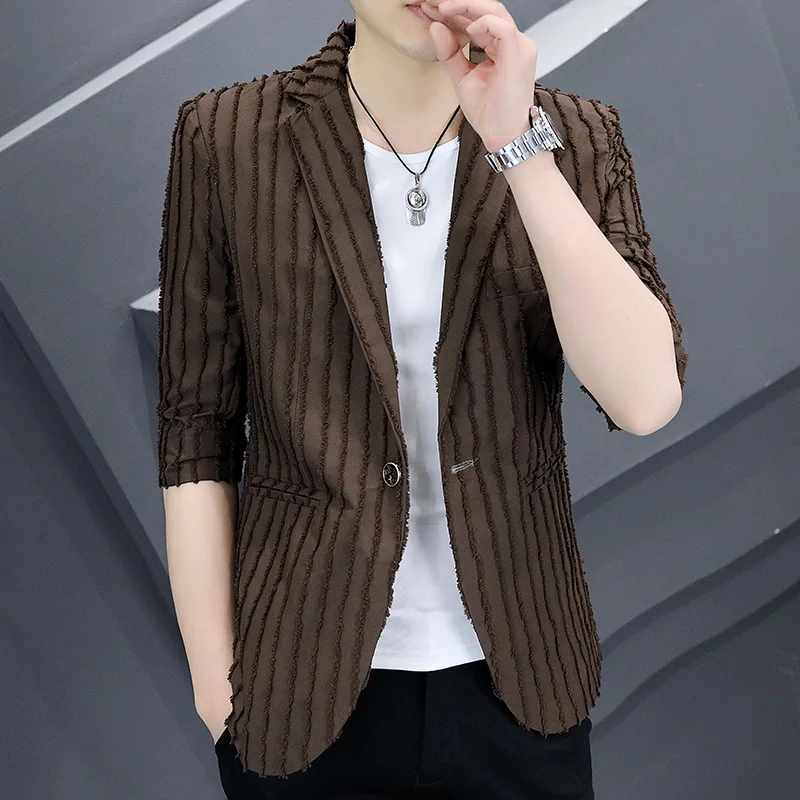 HOO 2023 Men's Summer Thin Mid Sleeve Striped Suit Jacket Youth Three-Quarter Sleeve Casual Slim-Fitting blazer
HOO 2023 Men's Summer Thin Mid Sleeve Striped Suit Jacket Youth Three-Quarter Sleeve Casual Slim-Fitting blazer