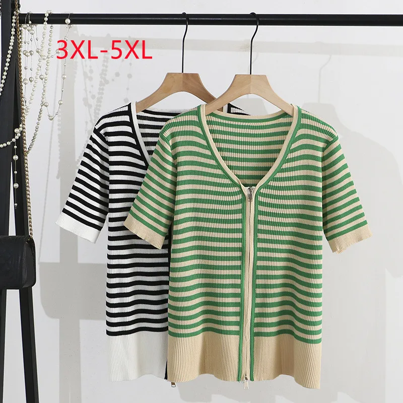 2022 large women's summer new loose horizontal stripe zipper knitted Plus Size short sleeve T-shirt 3XL 4XL 5XL
2022 large women's summer new loose horizontal stripe zipper knitted Plus Size short sleeve T-shirt 3XL 4XL 5XL