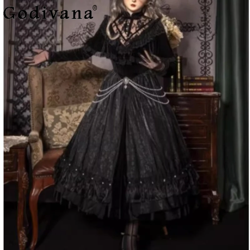 Christmas Gothic Black Stand Collar Vintage Princess Lolita Dresses Temperament Court High Waist A-line Big Swing Long Dress
Christmas Gothic Black Stand Collar Vintage Princess Lolita Dresses Temperament Court High Waist A-line Big Swing Long Dress