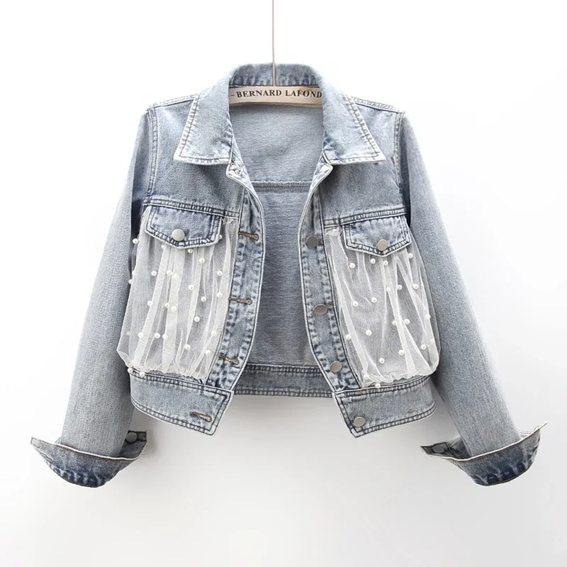 Vintage Light Blue Beading Mesh Spliced Denim Jacket Women Cowboy Outwear Chaquetas Mujer Casual Slim Short Jeans Jacket Female
Vintage Light Blue Beading Mesh Spliced Denim Jacket Women Cowboy Outwear Chaquetas Mujer Casual Slim Short Jeans Jacket Female