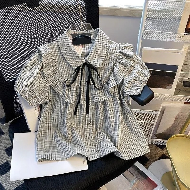 Bow Ruffles Patchwork Loose Korean Shirt Tops Summer New Short Sleeve All-match Plaid Sweet Blouse Fashion Casual Women Clothing
Bow Ruffles Patchwork Loose Korean Shirt Tops Summer New Short Sleeve All-match Plaid Sweet Blouse Fashion Casual Women Clothing