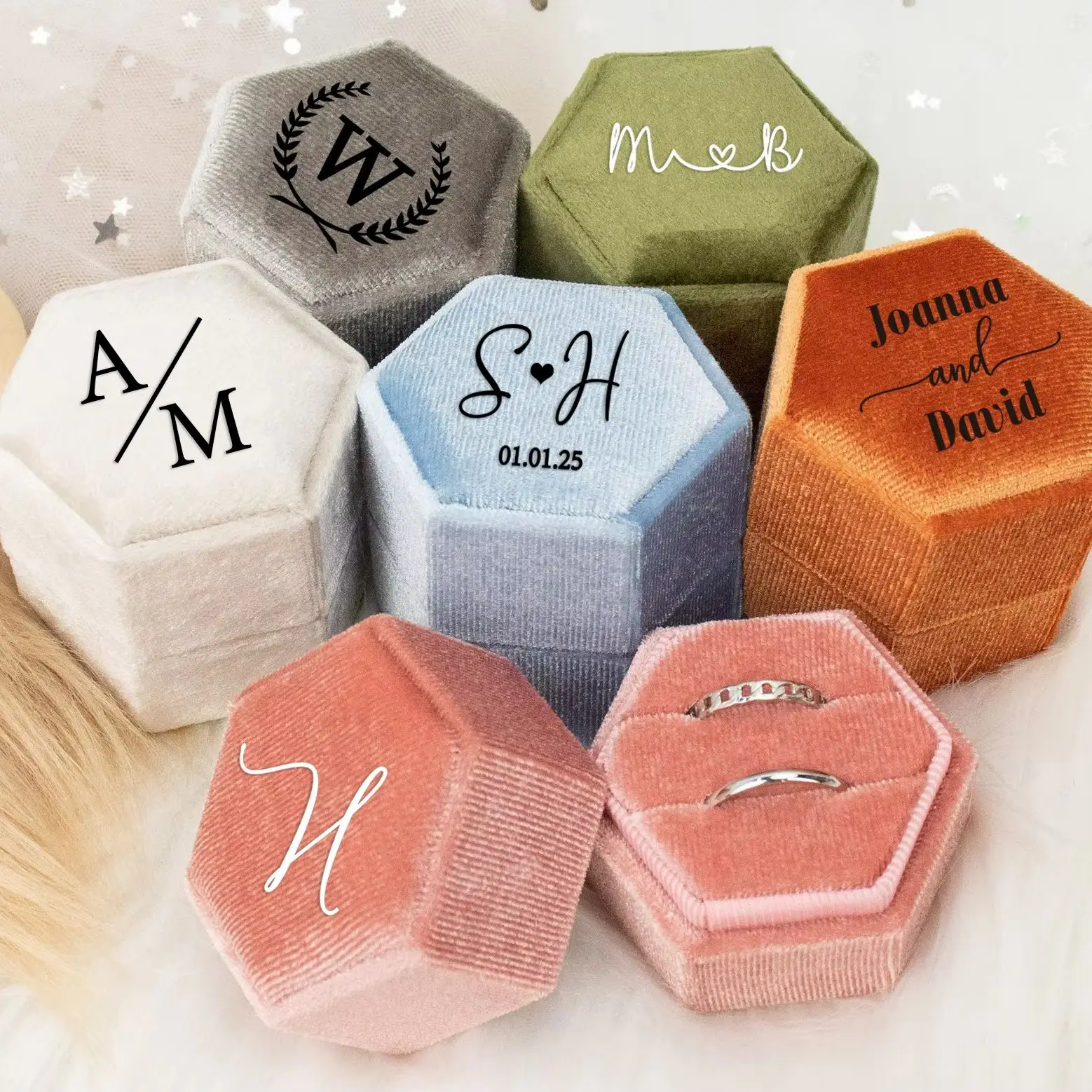 Personalized Wedding Velvet Ring Box Hexagon Sky Collection Double Ring Slot for Engagement and Wedding Flatlay Photography
Personalized Wedding Velvet Ring Box Hexagon Sky Collection Double Ring Slot for Engagement and Wedding Flatlay Photography