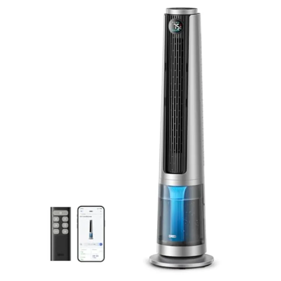 Home use evaporative air cooler, silver aluminum alloy, 10F cooling, 34ft/s airflow, 6L tank, 20 dB quiet DC motor, 90 oscillat
Home use evaporative air cooler, silver aluminum alloy, 10F cooling, 34ft/s airflow, 6L tank, 20 dB quiet DC motor, 90 oscillat