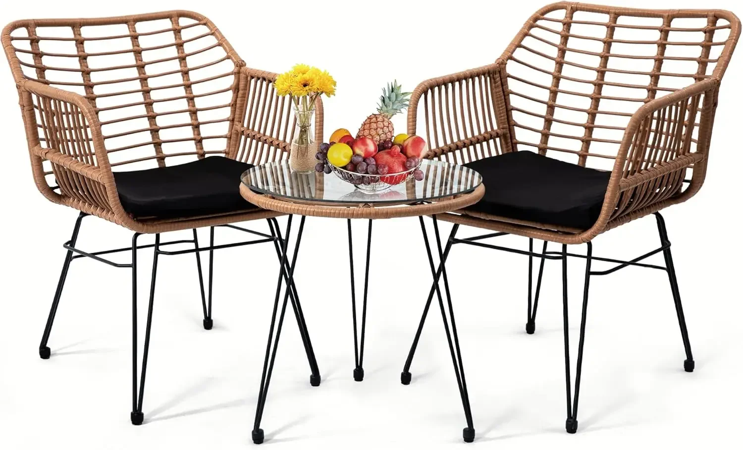 3 Pieces Wicker Patio Bistro Furniture Set, Includes 2 Chairs and Glass Top Table, Ideal for Porch, Outdoor, Backyard, Apartment
3 Pieces Wicker Patio Bistro Furniture Set, Includes 2 Chairs and Glass Top Table, Ideal for Porch, Outdoor, Backyard, Apartment