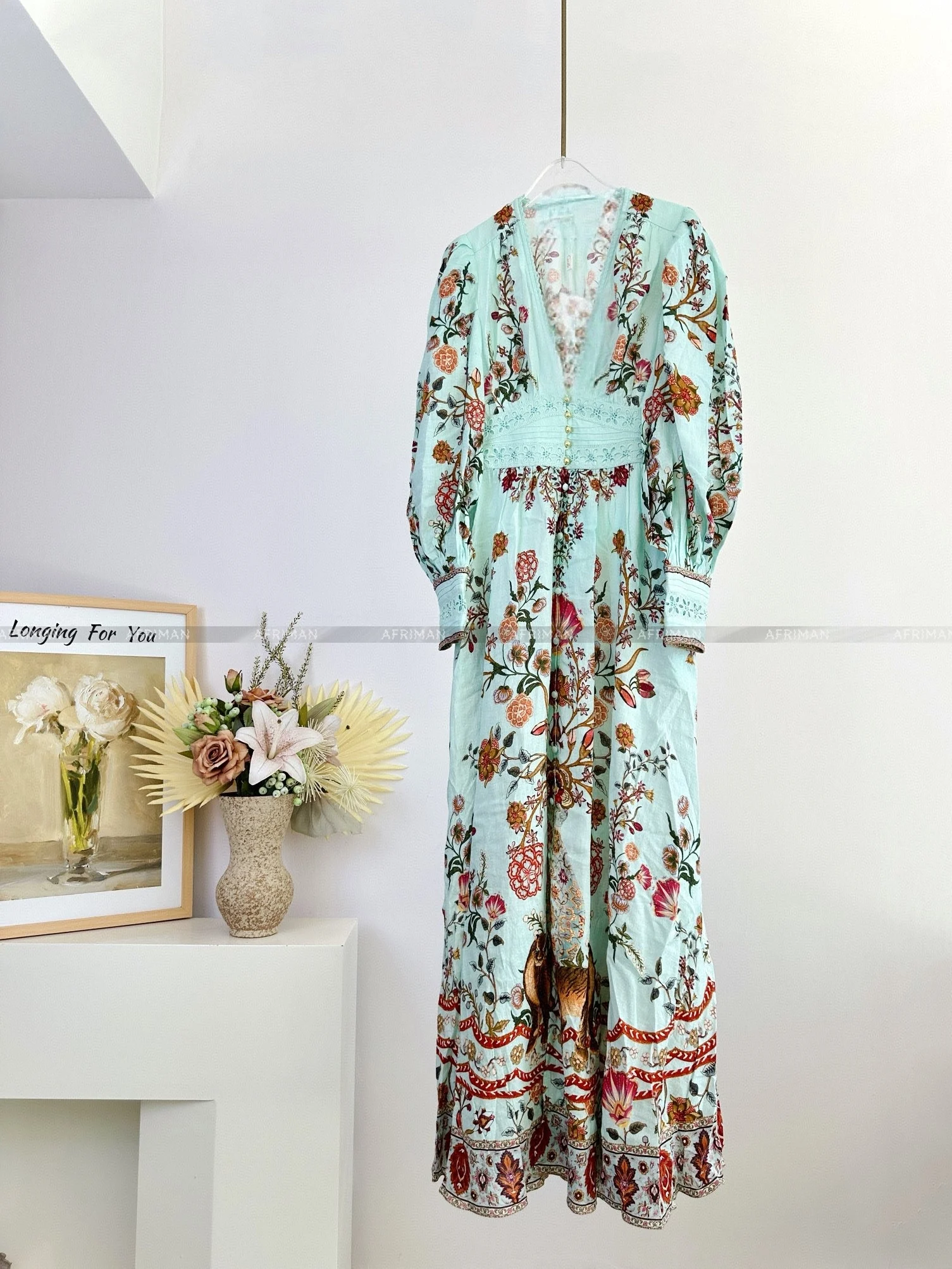 Women V Neck Crystal Beaded Long Sleeve Flower Print Elastic Waist 100% Linen Long Dress
Women V Neck Crystal Beaded Long Sleeve Flower Print Elastic Waist 100% Linen Long Dress