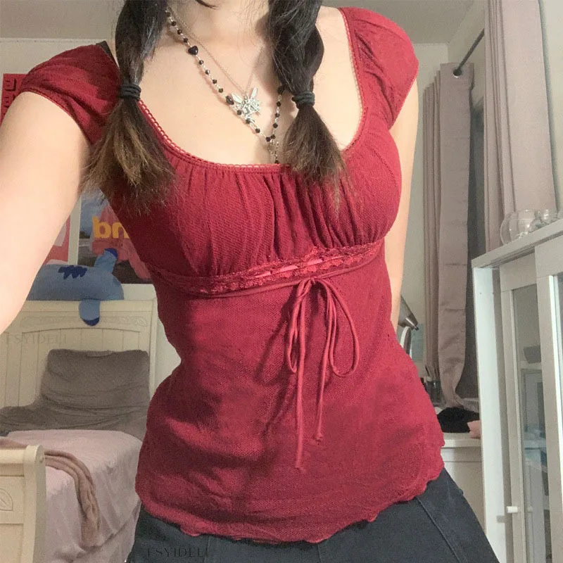 2000s Aesthetic Sweet Lace Tee Tops Women Solid Color Drawstring T-shirt Korean Fashion Female Casual Tee Grunge Streetwear Y2k
2000s Aesthetic Sweet Lace Tee Tops Women Solid Color Drawstring T-shirt Korean Fashion Female Casual Tee Grunge Streetwear Y2k