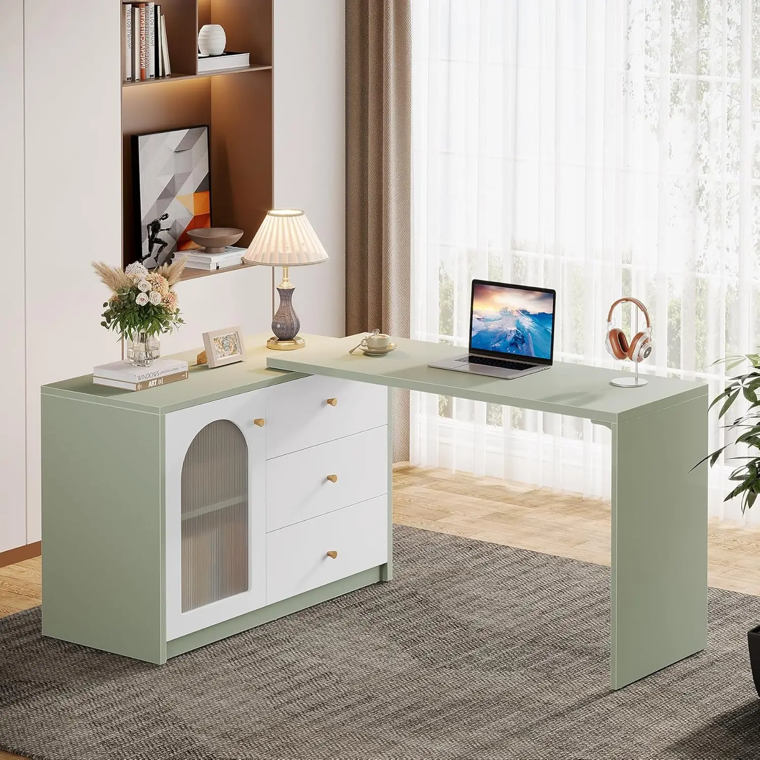 L-Shaped Computer Desk with Drawers & Cabinet, Modern Corner Home Office Workstation, Cyan White, Customized
L-Shaped Computer Desk with Drawers & Cabinet, Modern Corner Home Office Workstation, Cyan White, Customized