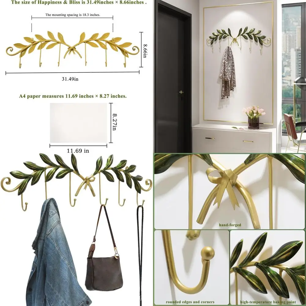 6-Pack Olive Leaf Gold Wall Hooks, Stylish Metal Coat Rack for Home, Easy Install with Hardware & Strips
6-Pack Olive Leaf Gold Wall Hooks, Stylish Metal Coat Rack for Home, Easy Install with Hardware & Strips