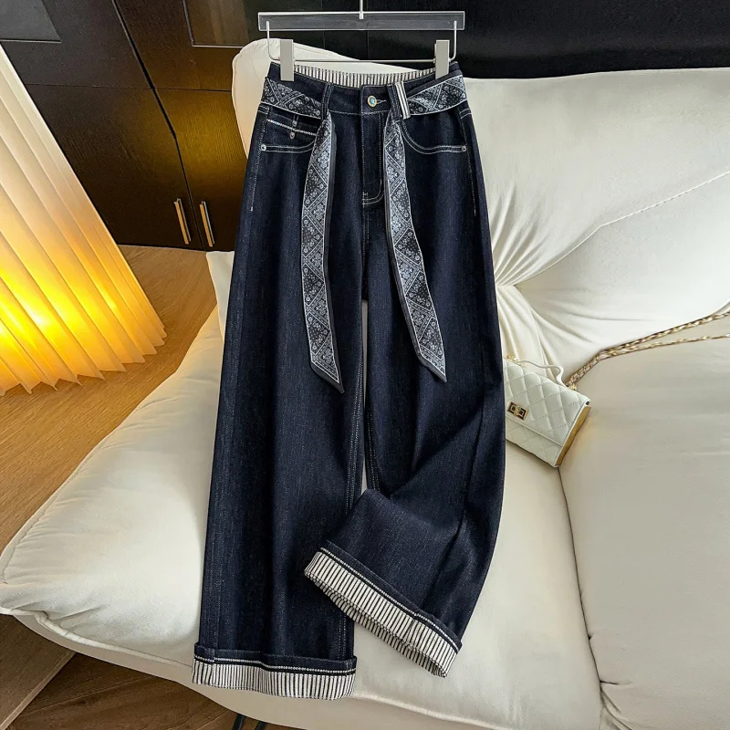 Denim Blue Rolled Hem Striped Straight Jeans for Women, Autumn Versatile Slim Fit Cropped Wide-Leg Pants
Denim Blue Rolled Hem Striped Straight Jeans for Women, Autumn Versatile Slim Fit Cropped Wide-Leg Pants
